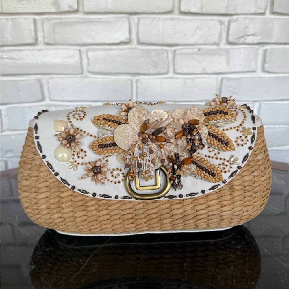 Mary Frances Woven Straw Purse. adorned with wooden beads,shells & pearls